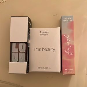 Free People Lipgloss, LOUD Nail Polish, RMS Beauty Eyelights Cream Eyeshadow